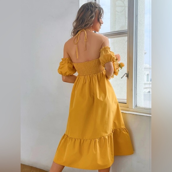 Shirred Frill Trim Tie Back Ruffle Hem Dress - Yellow - Picture 2 of 5